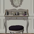 White Vanity Table With Gold Accents Round Mirror Cosmetics Purple Stool On White Wall