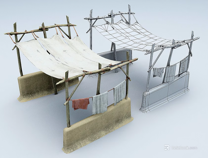 Building Exterior Wall With Earthen Structure Wooden Poles Cloth Canopy Metal Frame And Drying Clothes 3d model 