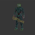 Futuristic Armored Character With Detailed Mechanical Armor And Blue Visor Holding Large Weapon