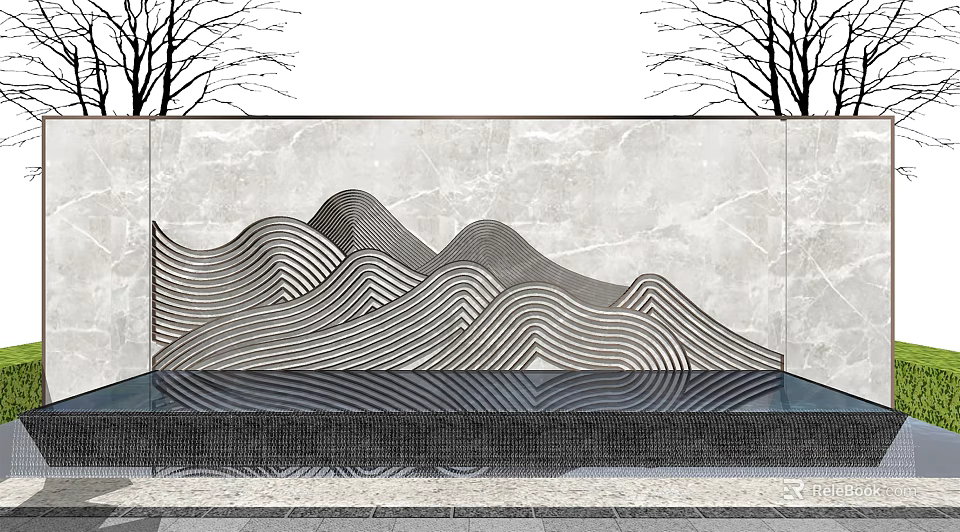 Feature Wall with Wavy Lines Mountain Pattern Marble Background Reflective Water Pool Surrounded by Trees 3d model