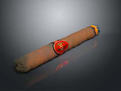 Brown Cigar With Red And Gold Label Featuring Emblem And Burning End On Gray Background 3d model