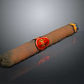 Brown Cigar With Red And Gold Label Featuring Emblem And Burning End On Gray Background