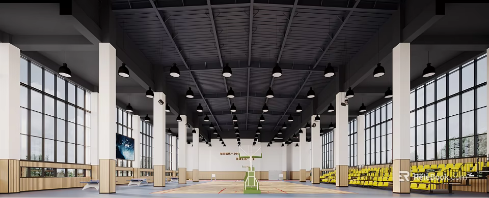 Modern Basketball Court Interior With Dark Ceiling Pendant Lights Hoop And Wooden Floor 3d model 