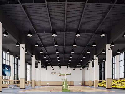 Modern Basketball Court Interior With Dark Ceiling Pendant Lights Hoop And Wooden Floor 3d model