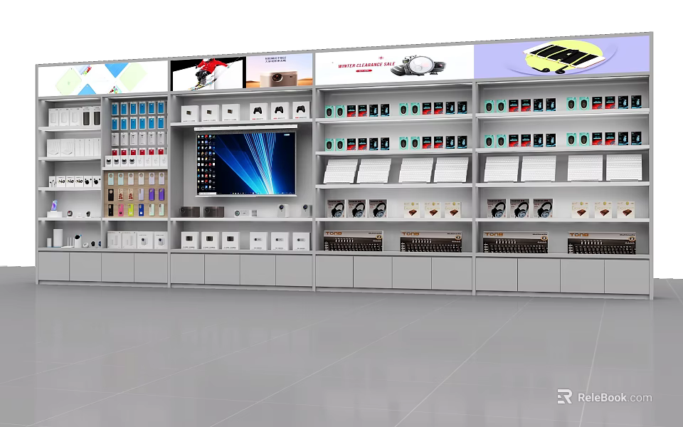 Modern Display Cabinets and Shelves With Organized Various Products and Digital Screens 3d model 