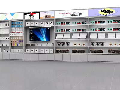 Modern Display Cabinets and Shelves With Organized Various Products and Digital Screens 3d model