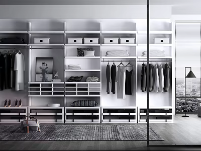 Modern Walk in Closet Interior With White Cabinets Hanging Rods Drawers And Shoe Storage 3d model