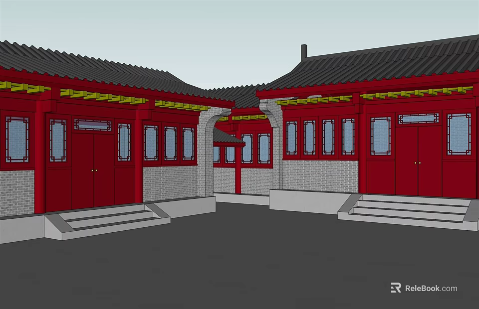 Ancient Chinese Traditional Architecture With Red Doors Windows Black Roofs And Courtyard 3d model 