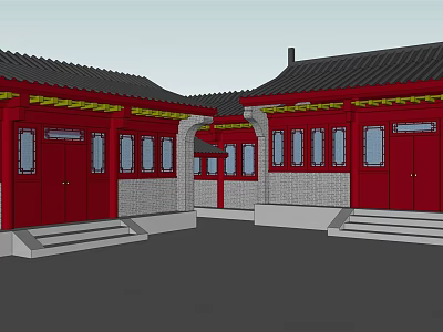Ancient Chinese Traditional Architecture With Red Doors Windows Black Roofs And Courtyard 3d model