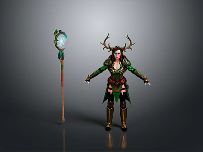 Nature Inspired Antlered Female Druid In Green Outfit With Wooden Magic Staff And Glowing Orb 3d model