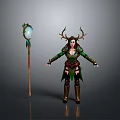 Nature Inspired Antlered Female Druid In Green Outfit With Wooden Magic Staff And Glowing Orb