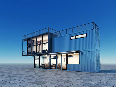 Blue Industrial Container Building With Two Story Structure Glass Doors And Balcony 3d model