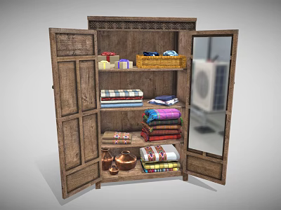 Rustic Wooden Wardrobe Interior With Open Doors Shelves Folded Towels Copper Containers And Mirror 3d model