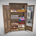 Rustic Wooden Wardrobe Interior With Open Doors Shelves Folded Towels Copper Containers And Mirror