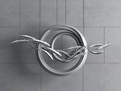 Modern Minimalist Metal Pendant With Concentric Circles And Branch Like Vines On Gray Tile Wall 3d model