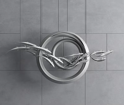 Modern Minimalist Metal Pendant With Concentric Circles And Branch Like Vines On Gray Tile Wall 3d model