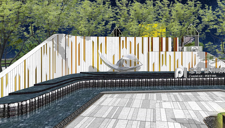 Modern Building Facade With Decorative Stripes Green Trees And Sculptural Artwork 3d model 