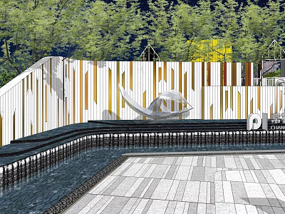 Modern Building Facade With Decorative Stripes Green Trees And Sculptural Artwork 3d model