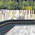 Modern Building Facade With Decorative Stripes Green Trees And Sculptural Artwork