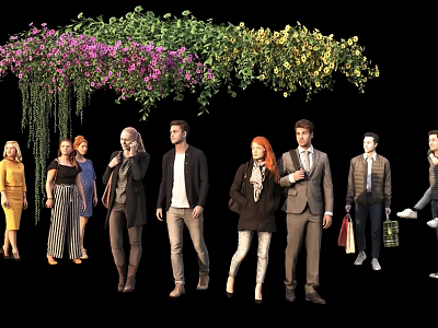 Group of People Standing Under Hanging Purple and Yellow Flowers 3d model