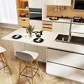 Modern Kitchen Interior With White Cabinets Island Counter And Light Wood Bar Stools