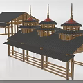 Ancient Architecture With Multiple Red Roof Towers And Black Tile Wooden Structure