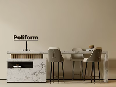 Poliform Modern Dining Table With Marble Top And Stylish Chairs Against Neutral Wall 3d model