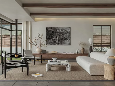 Modern Living Room Interior Design With Wooden Accents Large Windows And Artwork 3d model