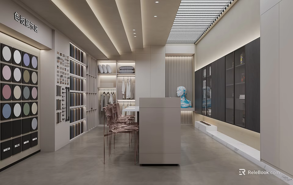 Modern Showroom Interior With Display Shelves Color Samples Chairs And Glass Cabinets 3d model 