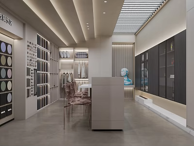 Modern Showroom Interior With Display Shelves Color Samples Chairs And Glass Cabinets 3d model