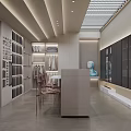 Modern Showroom Interior With Display Shelves Color Samples Chairs And Glass Cabinets