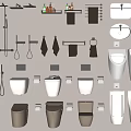 Modern Bathroom Toilet Collection Display With Various Urinals Sinks And Towel Racks