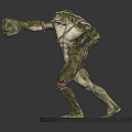 Mythical Green Skinned Creature With Muscular Build Red Leg Straps Standing On Round Stone Base