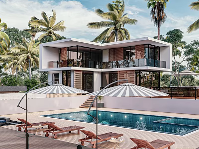 Contemporary Detached Villa With Outdoor Swimming Pool Palm Trees Sun Loungers And Striped Umbrellas 3d model