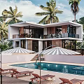 Contemporary Detached Villa With Outdoor Swimming Pool Palm Trees Sun Loungers And Striped Umbrellas