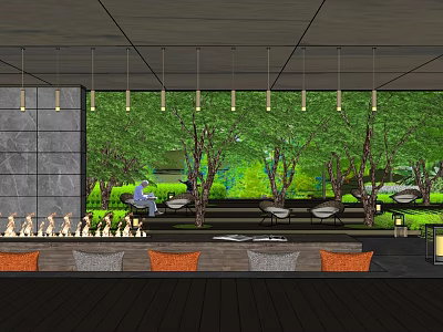 Lush Garden Landscape With Trees Greenery Seating Area Bar Counter And Hanging Lights 3d model