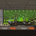 Lush Garden Landscape With Trees Greenery Seating Area Bar Counter And Hanging Lights