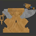 Ancient Axe On Golden Pedestal With Pentagram Platform And Blue Bottle