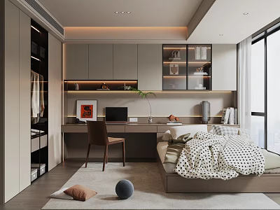 Modern Tatami Bedroom With Desk Computer Chair Open Shelves And Large Window 3d model