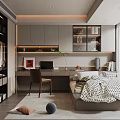 Modern Tatami Bedroom With Desk Computer Chair Open Shelves And Large Window