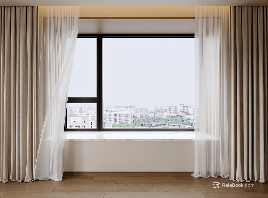 Thick Beige Curtains And White Sheer For Modern Window City View Interior 3d model 