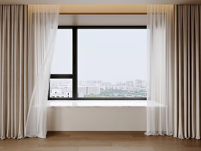 Thick Beige Curtains And White Sheer For Modern Window City View Interior 3d model