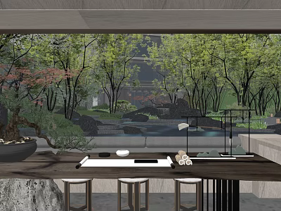 Traditional Courtyard Garden Design with Lush Trees Flowing Stream and Wooden Table Area 3d model