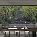 Traditional Courtyard Garden Design with Lush Trees Flowing Stream and Wooden Table Area