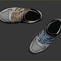 White High Top Sneakers With Yellow And Blue Laces And Circular Black Logo