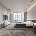 Modern Bedroom Interior Design With Platform Bed Accent Wall Hanging Lights And Large Window