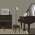 Musical Instruments Art Supplies Room with Upright Grand Pianos Picture Frame Decor Stools