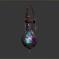 Enchanted Decorative Potion Bottle With Metallic Filigree Leather Handle And Colorful Glow