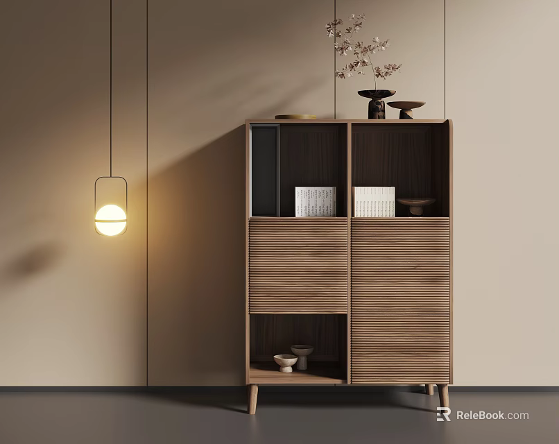 Modern Wooden Storage Cabinet with Open Shelves Decorative Items and Hanging Lamp in Cozy Room 3d model 