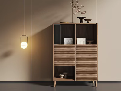 Modern Wooden Storage Cabinet with Open Shelves Decorative Items and Hanging Lamp in Cozy Room 3d model